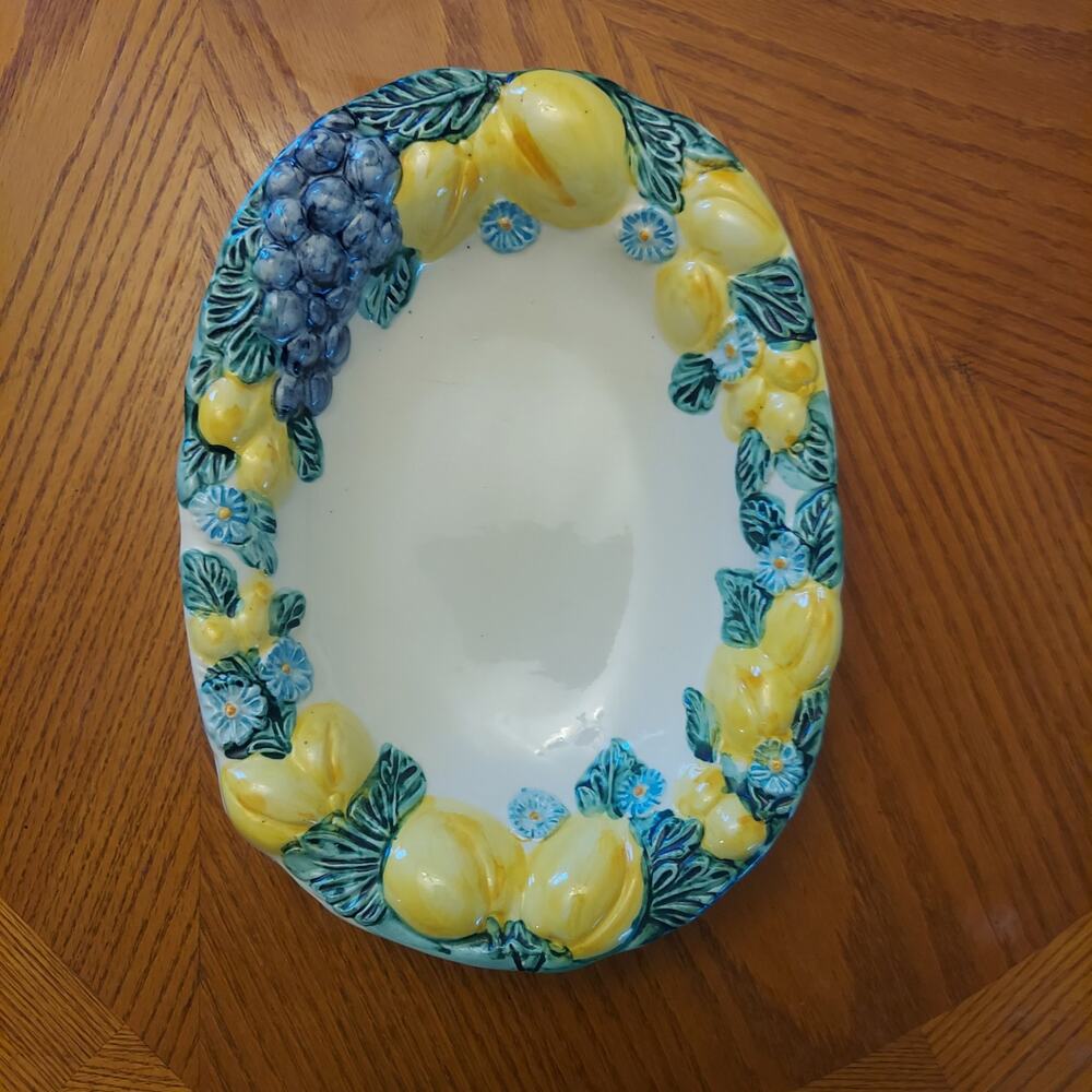 Lemons & Grapes 13" Italian Ceramic Relief Serving Bowl Platter Tray